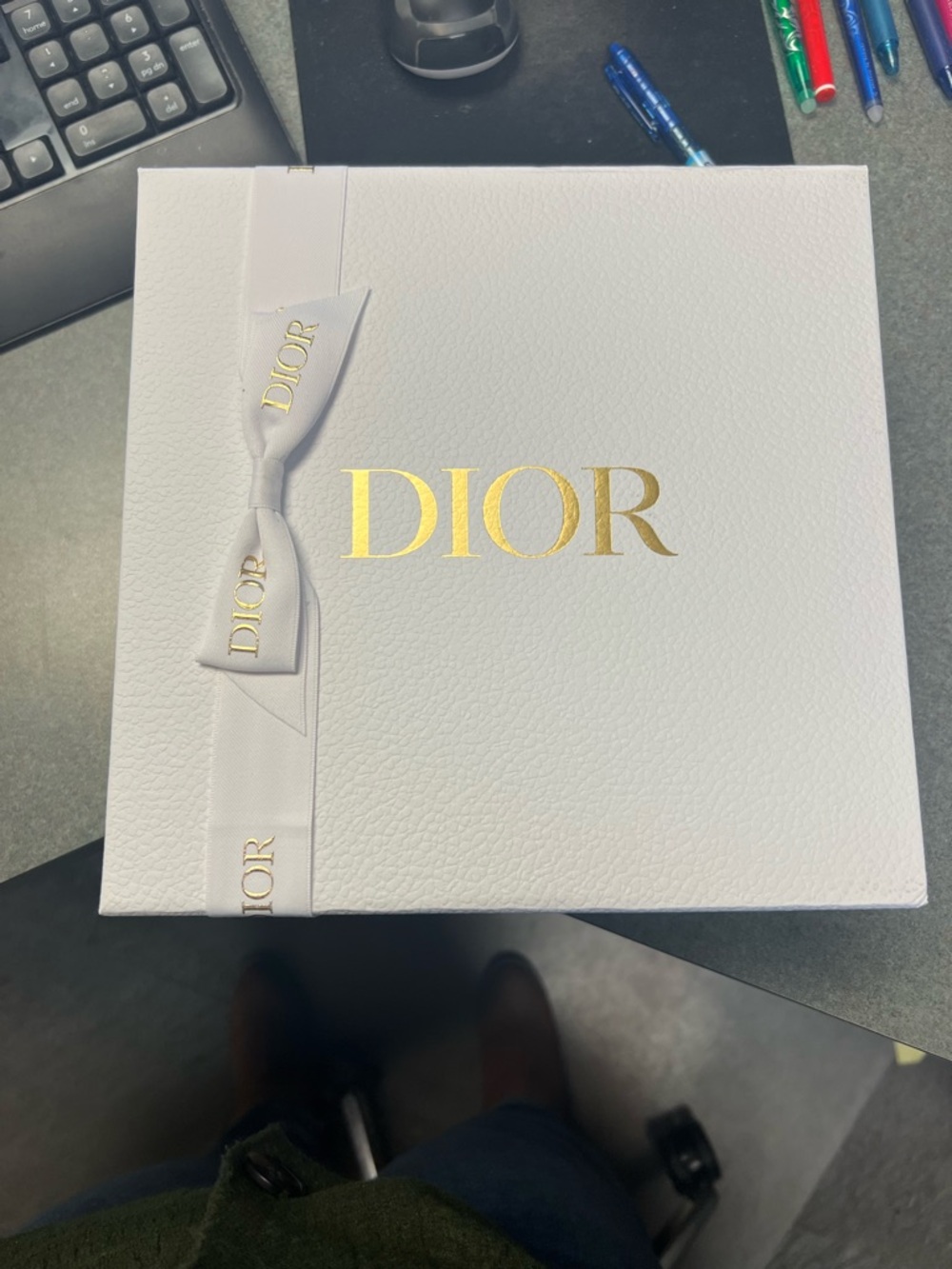 Dior White Gift Box with Gold Logo and Ribbon